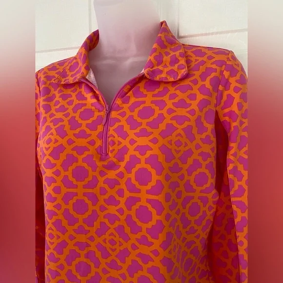 Icikuls UPF 50+ mock neck 1/4 zip top pink orange mosaic long sleeve Size Small - Picture 3 of 12